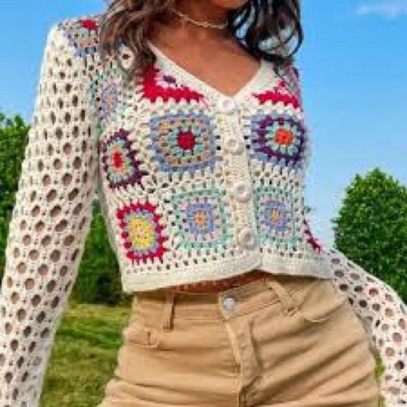 Sweaters - COTTAGECORE Granny Squares Colorful Crochet Sweater Cardigan S Afghan Blanket